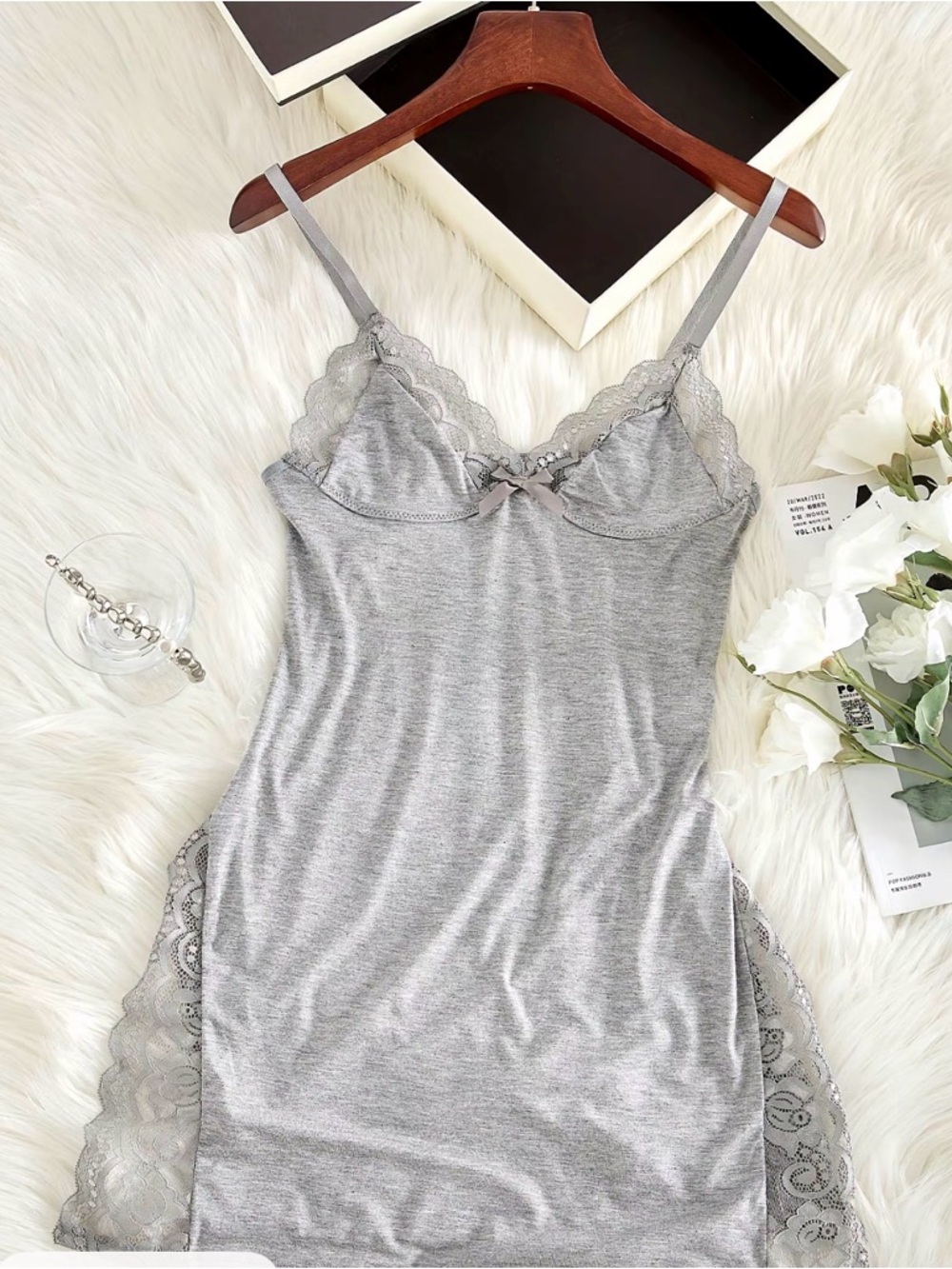 Elegant Lace-Trim Slip Dress in Light Gray